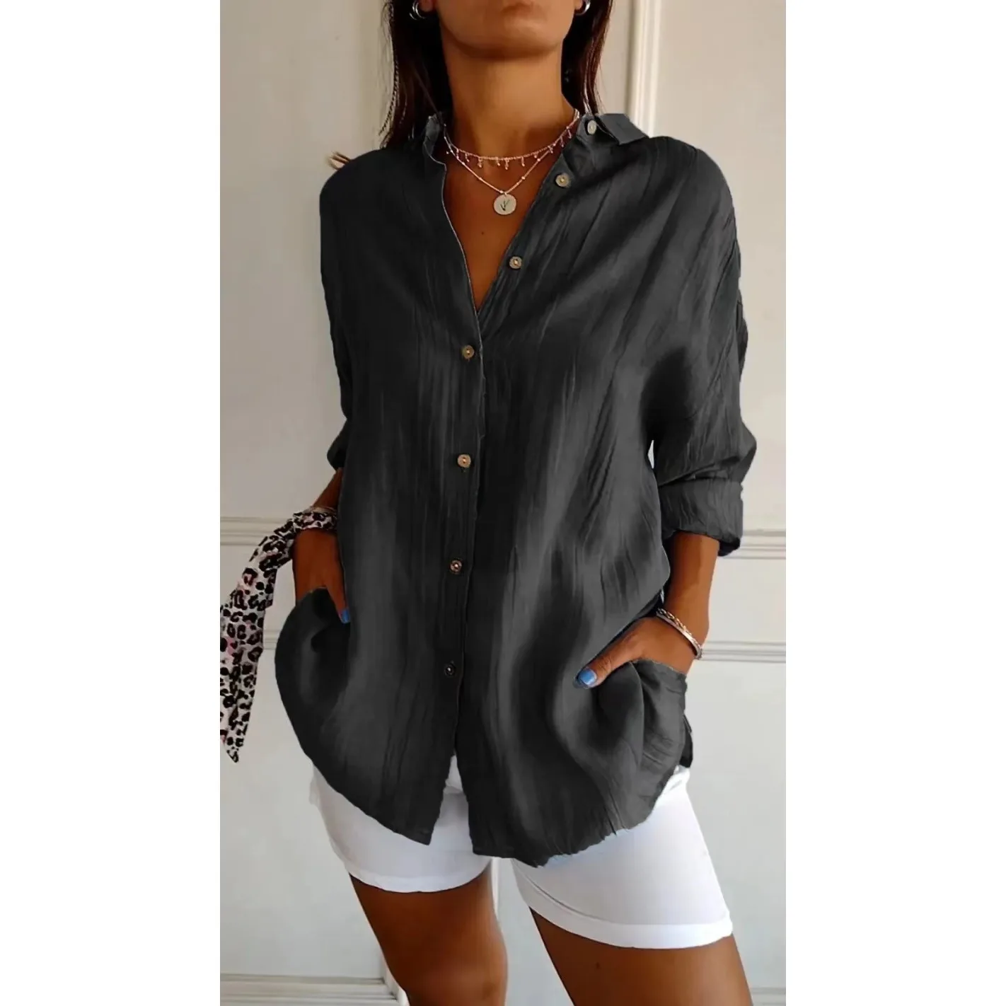 Summer V-Neck Ladies Fashion Loose Casual Cotton and Linen Button-Down Shirt Solid Lapel Top Cotton and Linen Shirt Ladies Retro