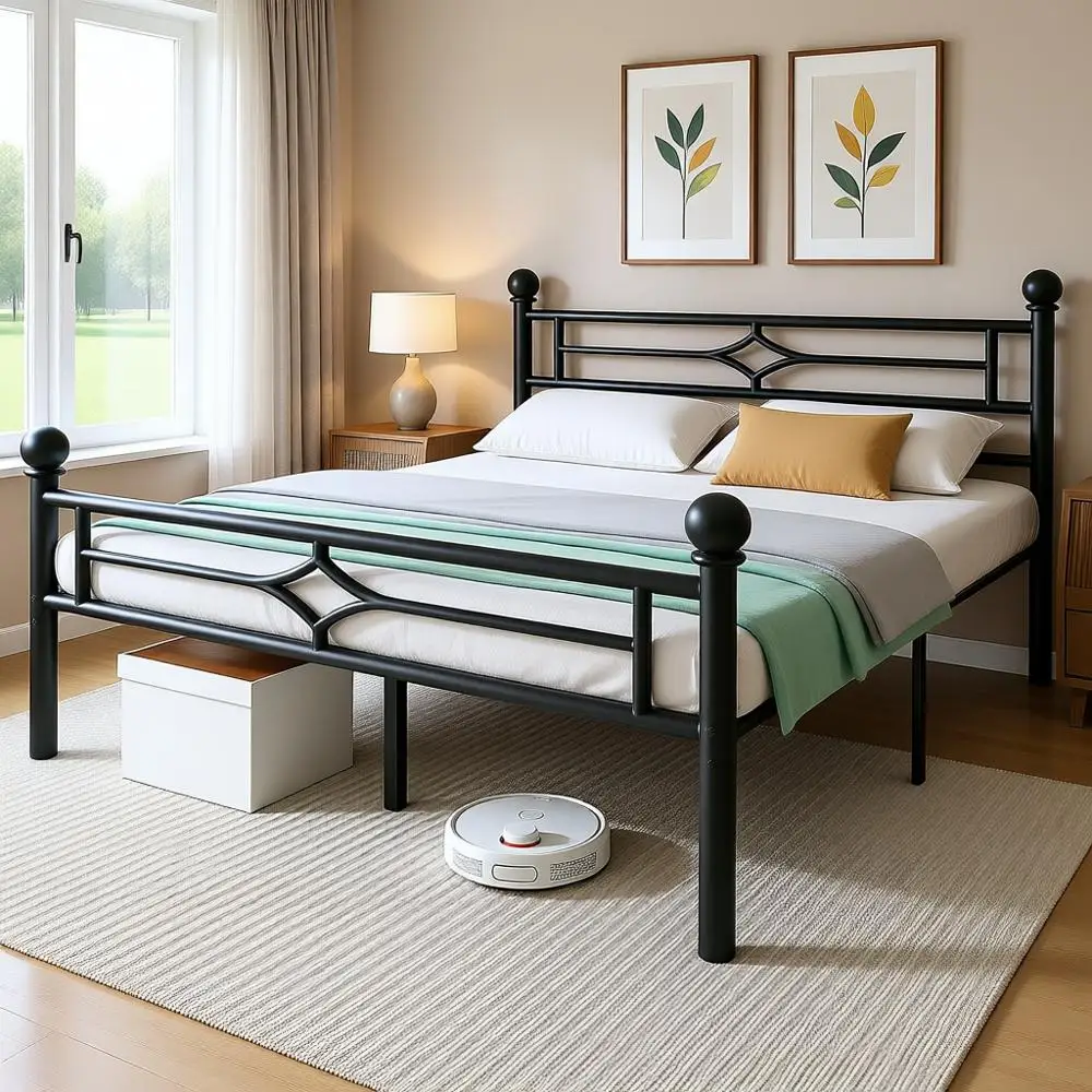 

Кровать размера «queen-size» с изголовьем и изножьем, металлическая платформенная кровать с круглыми опорными элементами, выдерживает нагрузку до 544 кг, без пружинного блока