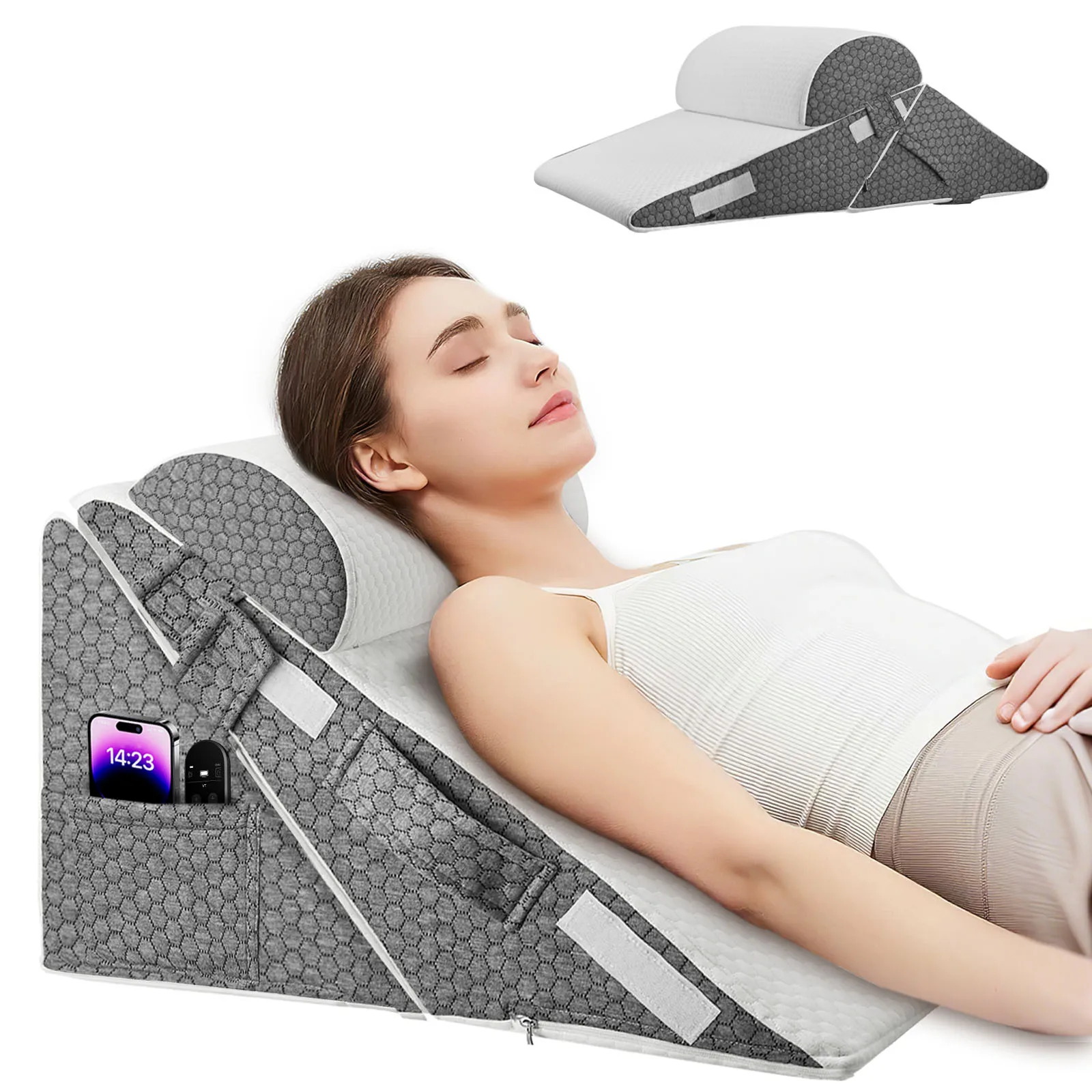 Wedge Pillow 12-in-1 Memory Foam Sleeping Support Pillow Headrest Adjustable Incline Cushion For Acid Reflux, Back Pain, Snoring
