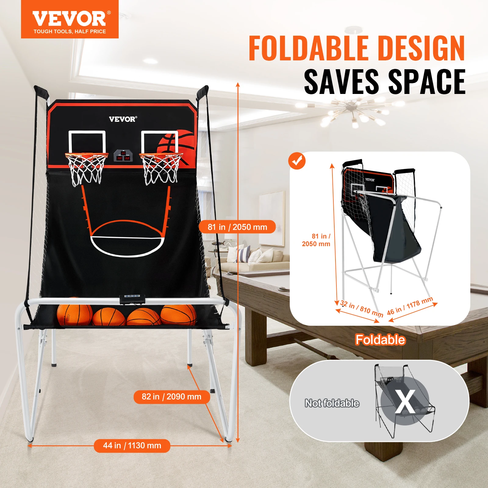 VEVOR Foldable Basketball Arcade Game 2 Player Indoor Basketball Game Home Dual Shot Sport w/ 4 Balls 8 Game Modes for Kid Adult