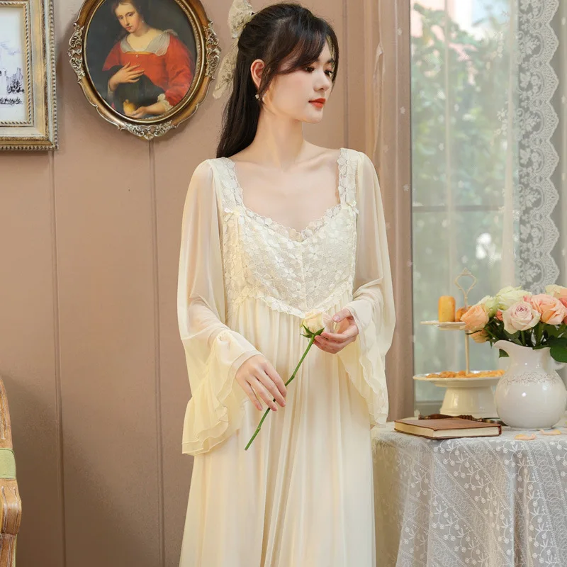 

Long Sleeved Mesh Nightgown Women's Spring Autumn Lace Court Modal French Sleepwear Fairy with Chest Cushion Home Wear