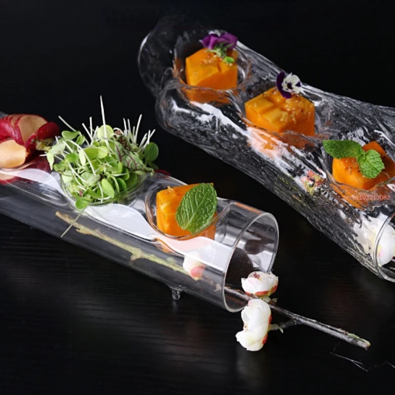 

Hotel Molecular Gourmet Cuisine Dishes Artistic Conception Restaurant Cold Sushi Fruit Glass Three Plates