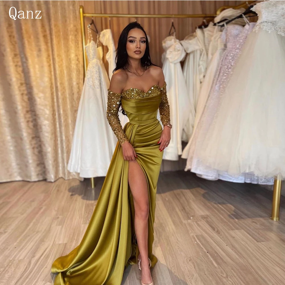 

Qanz Mermaid Robes De Soirée Prom Dresses Sweetheart Detachable Sleeves Sequins Shiny Split Women Formal Evening Party Gowns