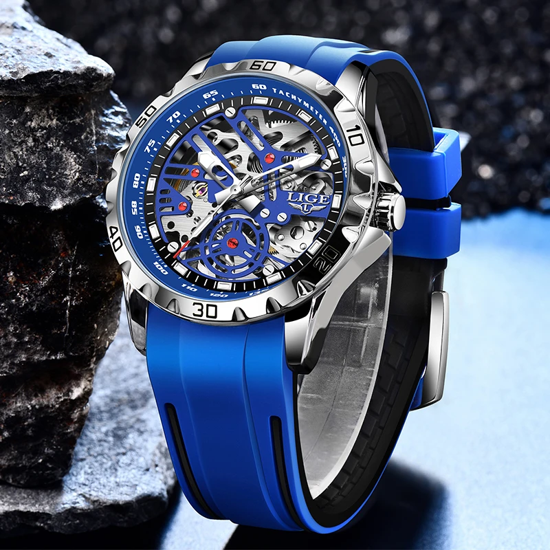 2024 New LIGE Top Brand Luxury Hollow Waterproof Tourbillon Mechanical Automatic Watch Men Silicone Skeleton Mens Watches + Box