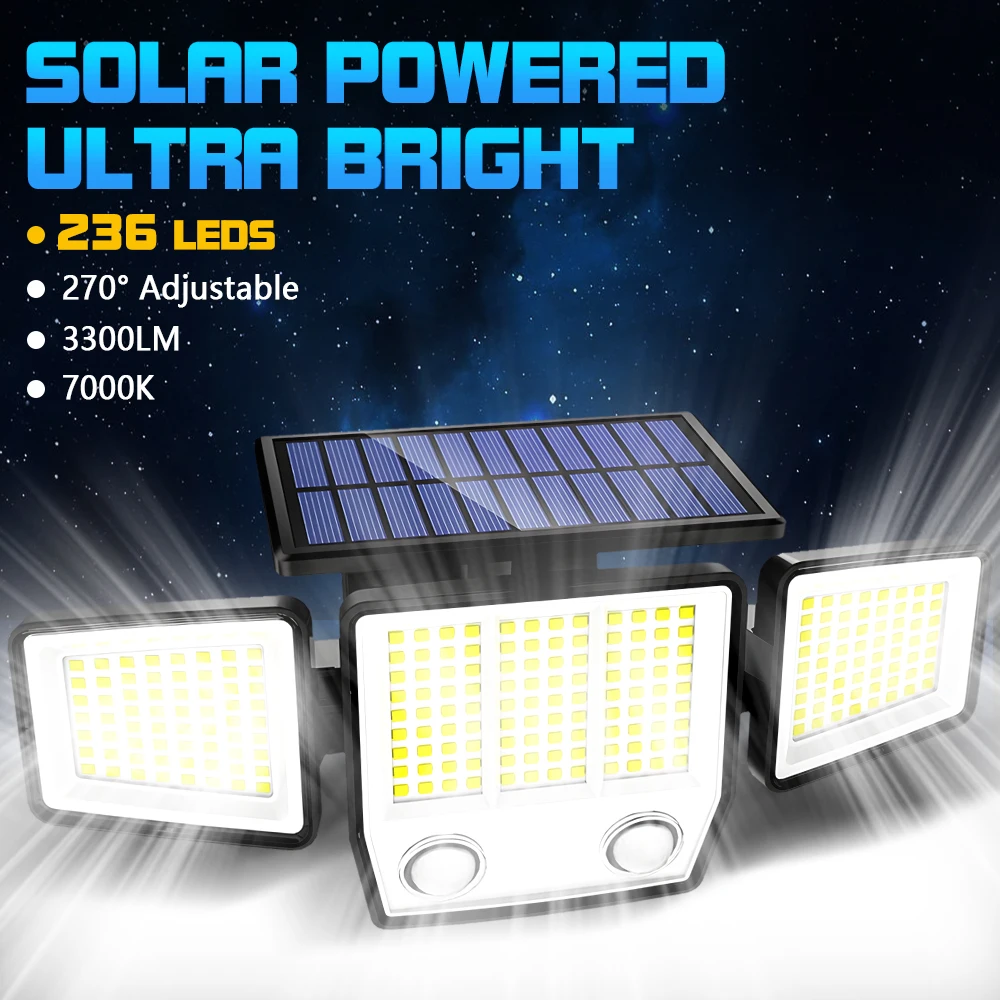Solar Lights Outdoor 236 LED Motion Sensor Outdoor Light 3Heads IP65 Waterproof Solar Flood Security Lights for Garden Yard Path