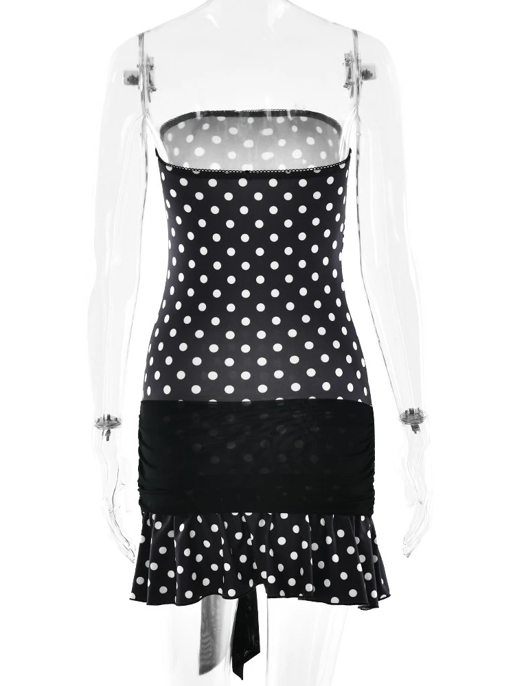 Femme vêtements sans bretelles pansement à pois robe portefeuille Streetwear Sexy épaules nues dos nu moulante Mini fête Club robes noir