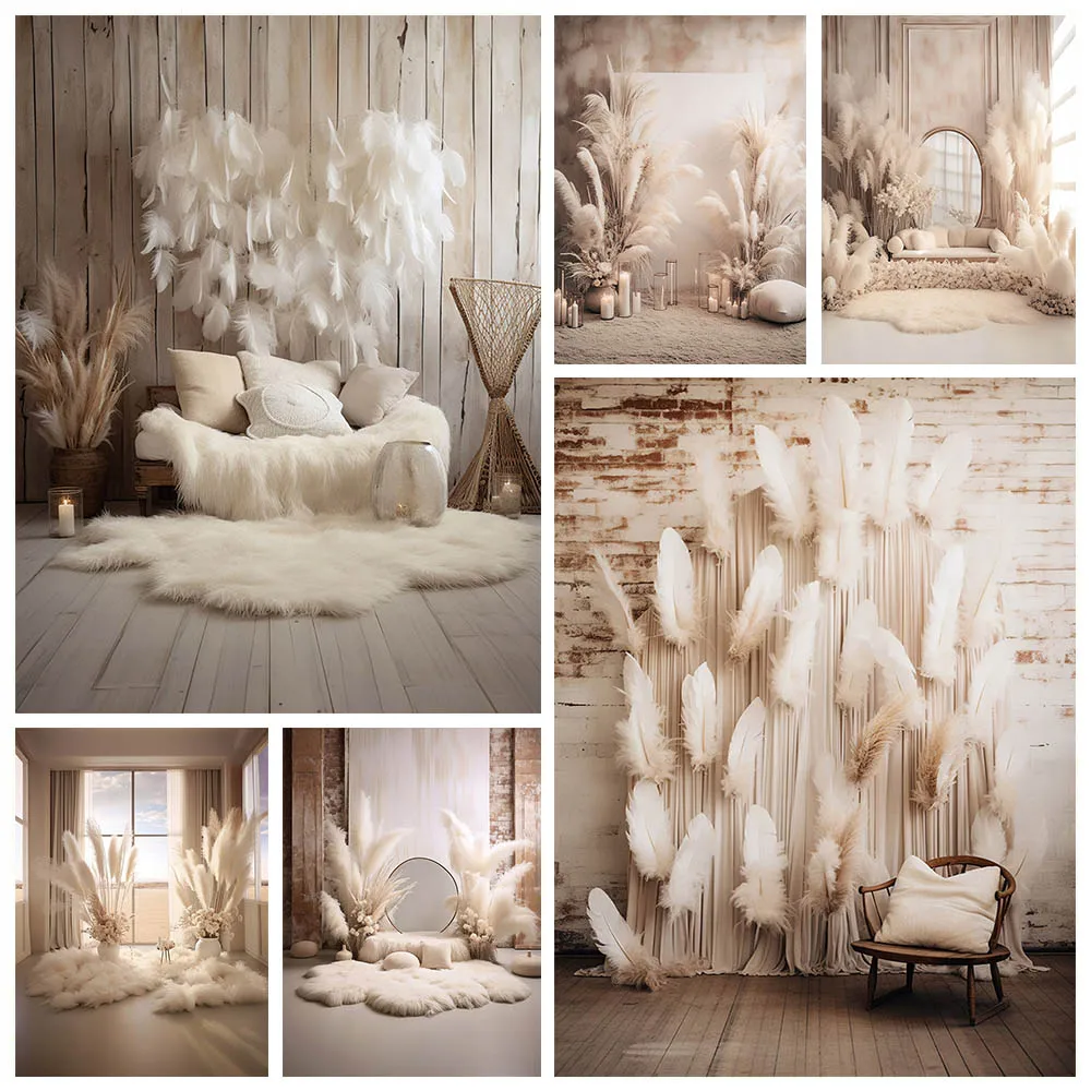 Mehofond Photography Backdrop Indoor Bohemia Pampas Grass Decor for Pregant Girl Birthday Wedding Background Feather Wall Props