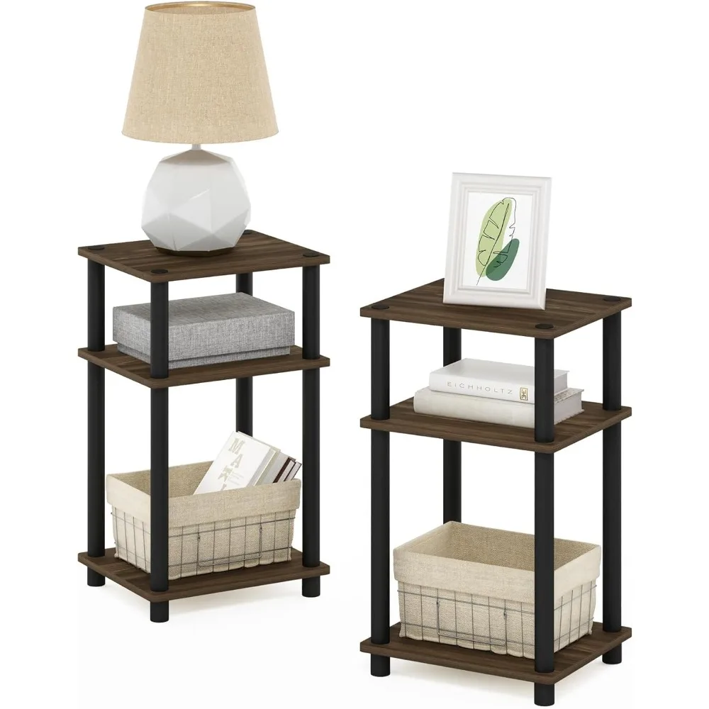 Bedroom Bedside Table Set of 2 Home Furniture Tall Nightstand With Bin 3 Tiers Columbia Walnut/Black