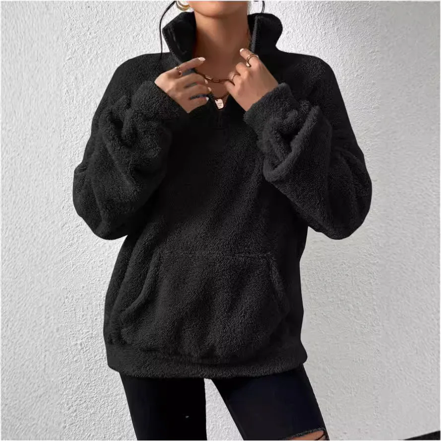 Women\'s Autumn and Winter New Korean Version of Fashion Loose Plush Stand Collar Zipper Pullover Hoodie Casual Top Thick S-XL