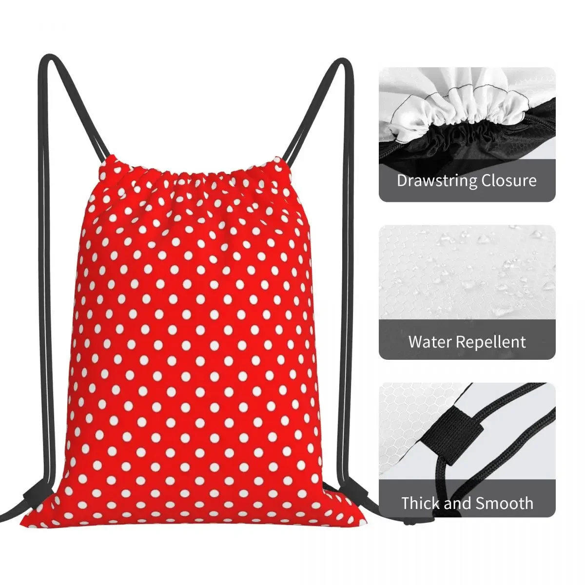 POLKA DOTS RED Backpacks Fashion Portable Drawstring Bags Drawstring Bundle Pocket Sports Bag BookBag For Travel Students