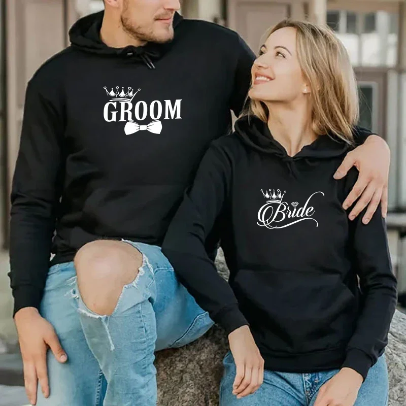 

Couple Matching Hoody Bride Groom Diamond Crown Tie Couples Long Sleeve New Trend Women Harajuku Fashion Male Honeymoon Hoodie