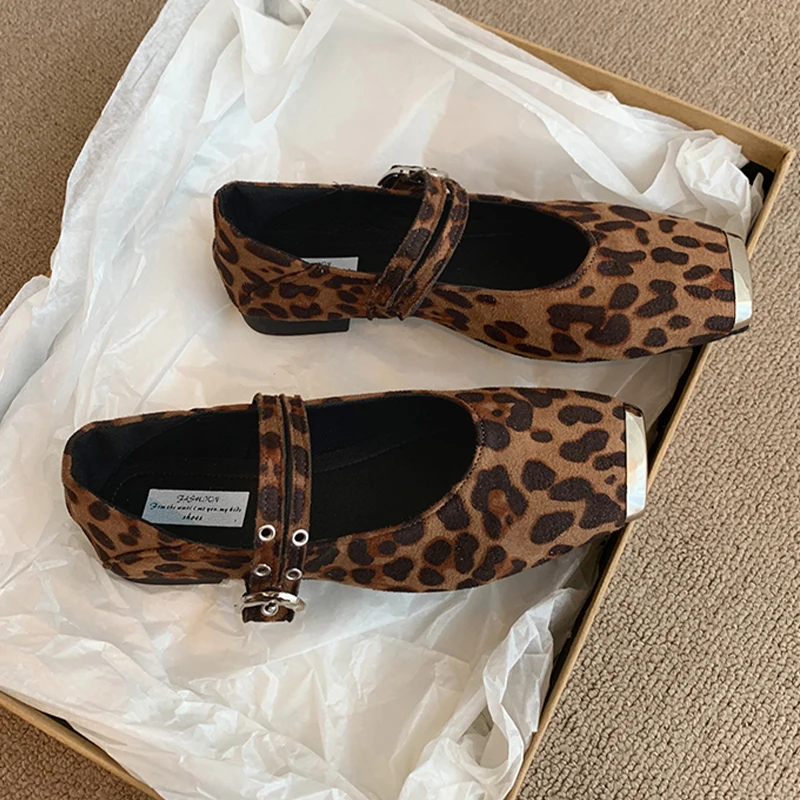 

Leopard Women Loafers Shoes Flats Suede Casual Shallow Shoes Square Toe Fashion Woman Dress 2025 Autumn Designer Chaussure Femme