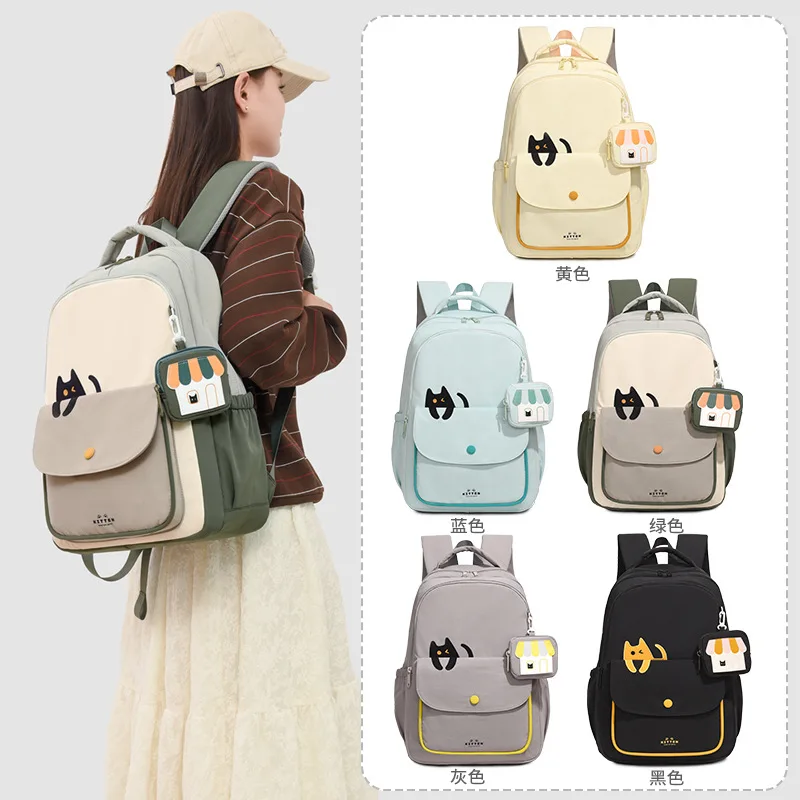 New Solid Color Cartoon Kitten Print Laptop Backpack, 13.3/14/15 Inch Large Capacity Simple School Backpack for Teen Girls