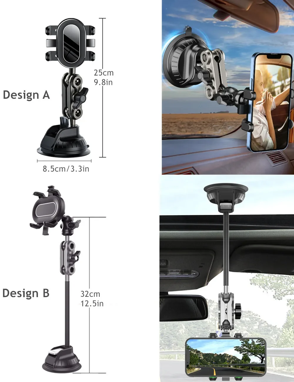 Supporto professionale per telefono per auto Forte aspirazione e morsetto stabile Braccio in metallo 360 °   Supporto per telefono da auto regolabile specifica per fotocamera