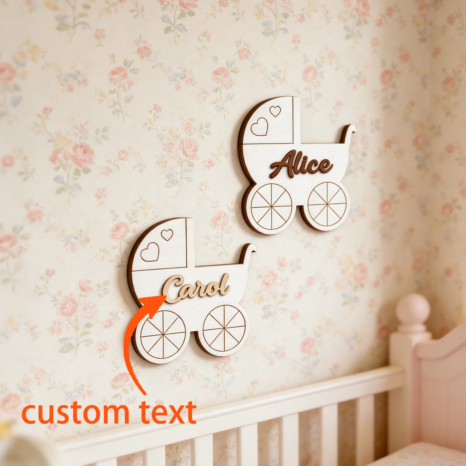 1pc customized wooden name tag, cute baby stroller design, personalized children's room decoration, baby name tag