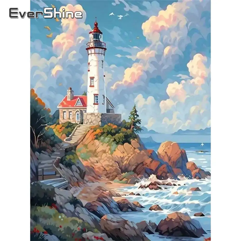 Evershine DIY Diamond Painting Lighthouse Landscape Acrylic Craft Supplies Diamond Mosaic Seaside House Handmade Gift