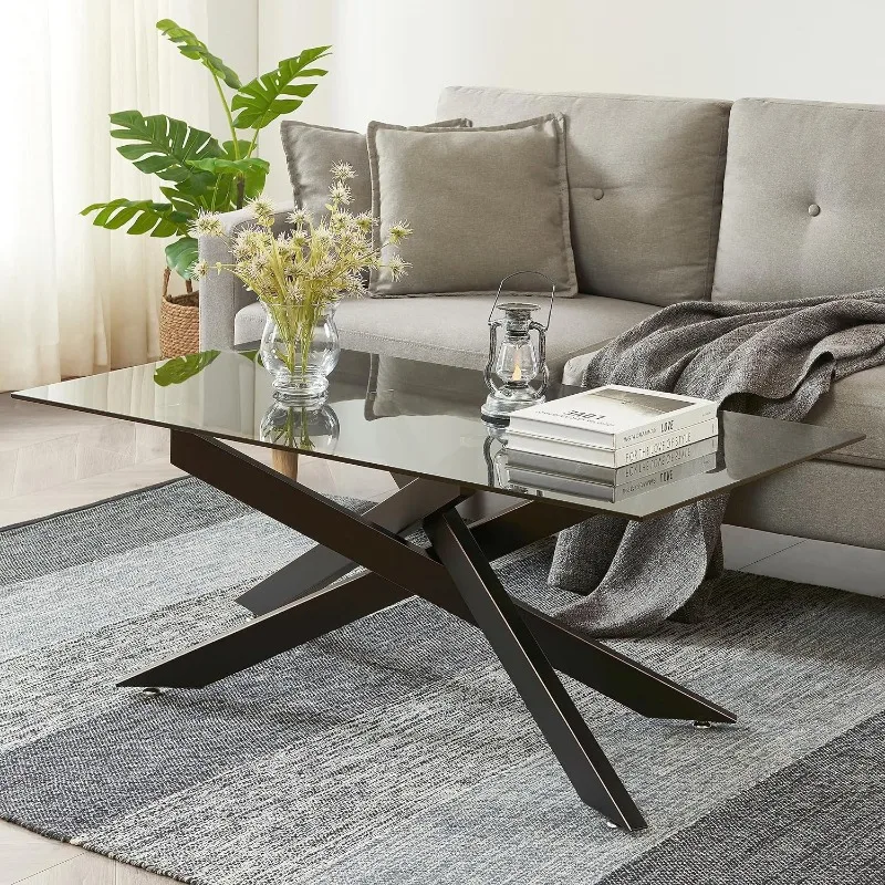 

Rectangle Modern Coffee Table, Gray Tempered Glass Table Top and Black Metal Tubular Legs