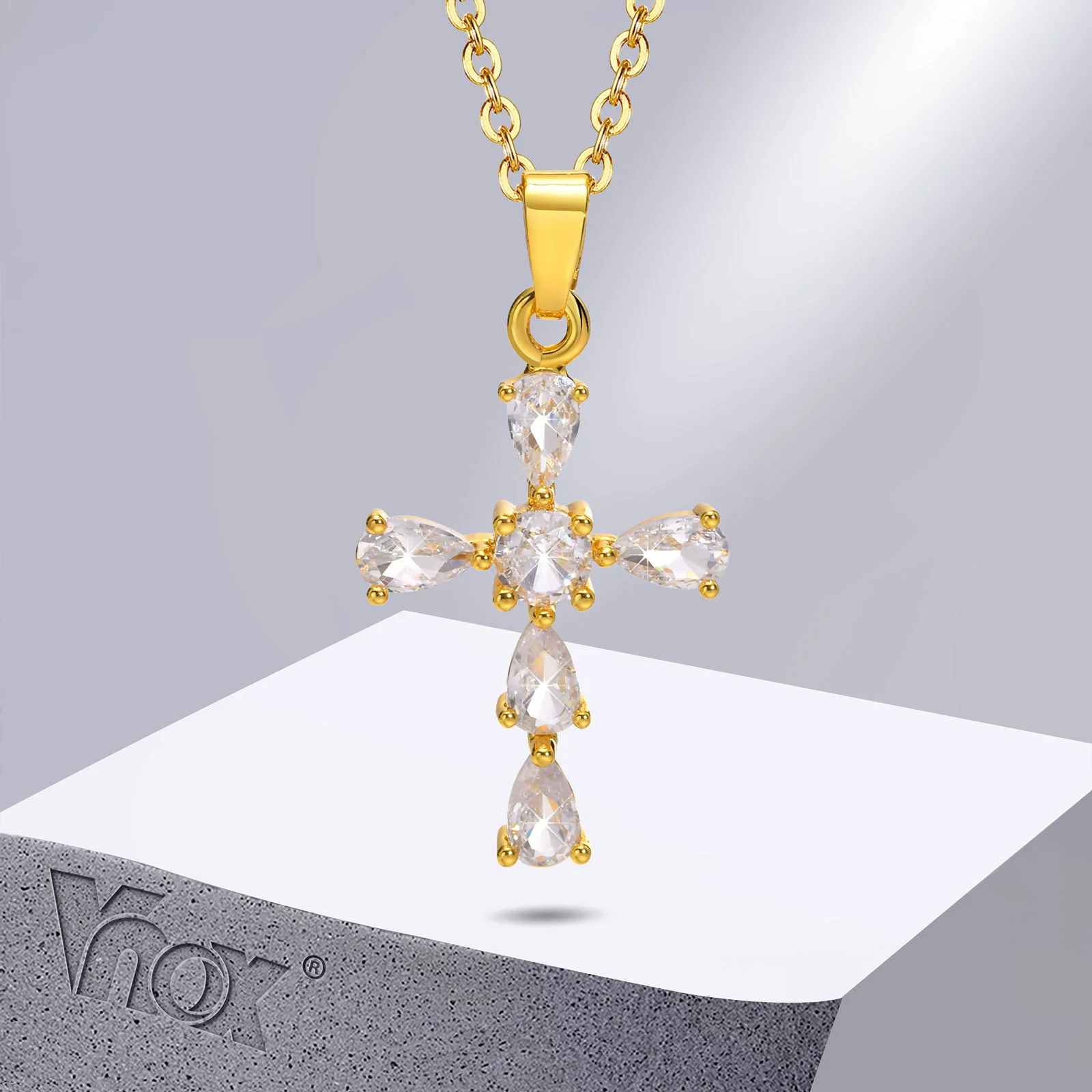 Vnox Bling Cubic Zirconia Stone Cross Necklaces for Women, Gold Color Stainless Steel Cross Pendant Religious Prayer Gifts