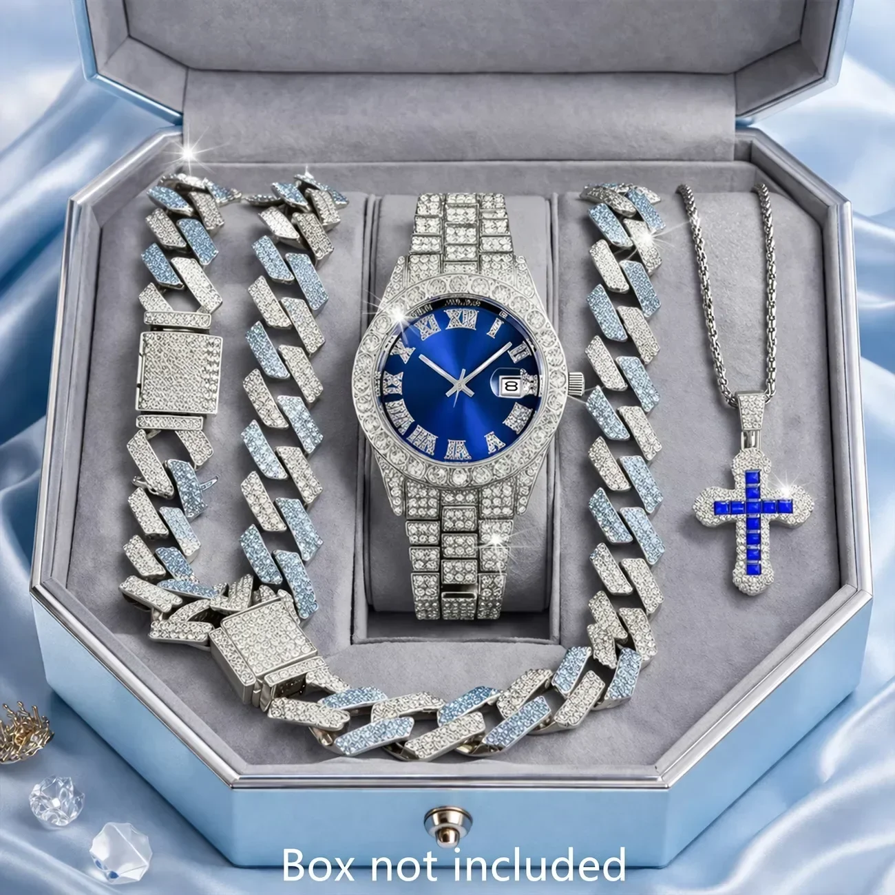 4pcs Foreign Trade Hot Men's Watch Set Hip Hop Full Diamond Quartz Watch Set Men's Business Quartz Watch