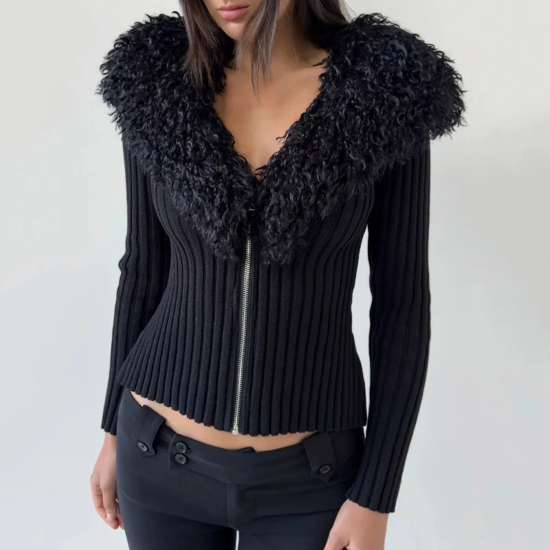 

Vintage fluffy V-neck pit strip sweater knitted sweater women's autumn and winter slim-fitting and thin Spice Girl top