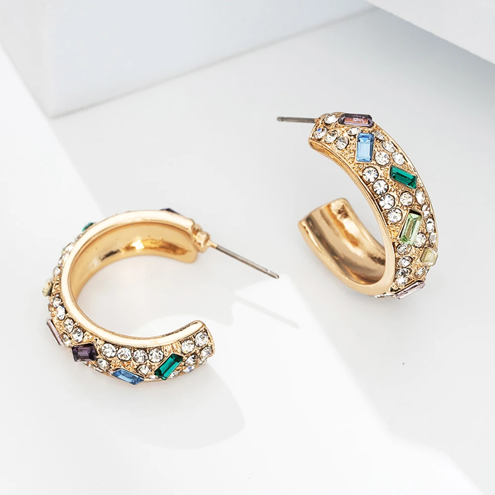 

Rhinestones Hoop Huggie Earrings Easy-matching Women Girls Letter C Shaped Metal Stud Pendientes Free Shipping Gift