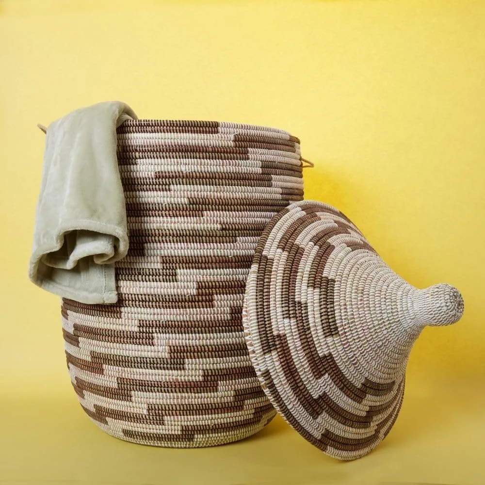 

Woven Storage Basket with Lid, Extra Large Decorative Hamper for Laundry and Blankets, Multicolor Geometric Pattern