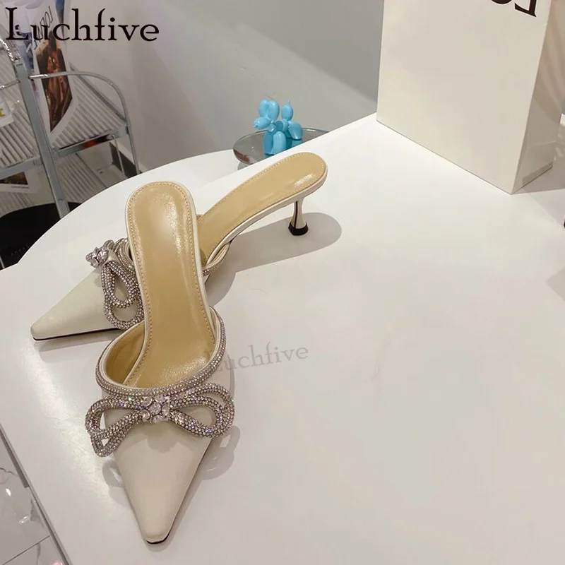 Sexy Pointy Wrap toe Kitten Heel Satin Slippers Women Luxury Bow Design Brand Crystal Slippers Summer Runway Dress Party Shoes