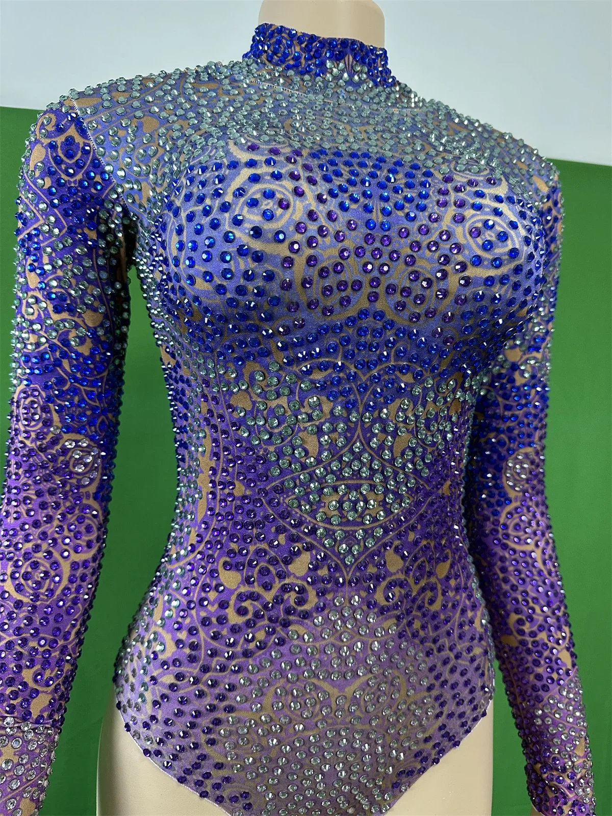 Blue Bodysuits Women Sparkly Long Sleeve Rhinestone Dance Leotard Stage Performance Costume