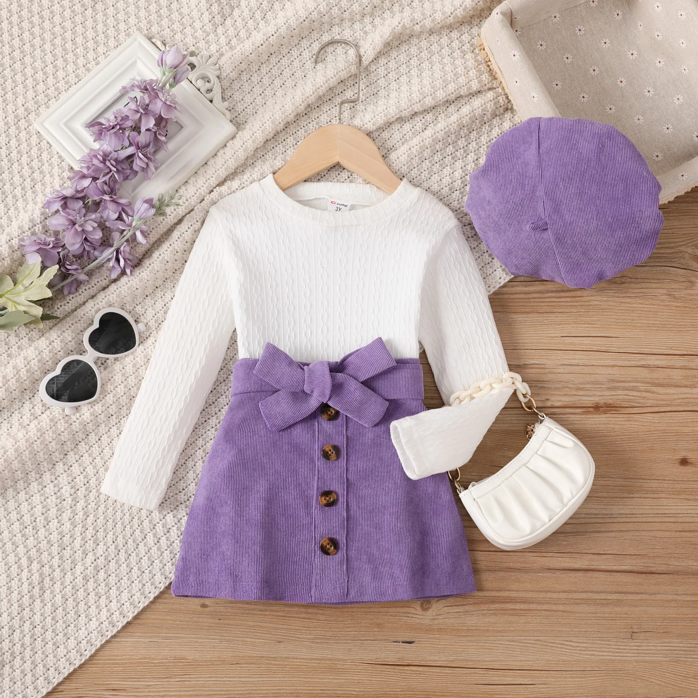 PatPat 3pcs Toddler Girl Cable Knit Top & Belted Skirt & Hat Set