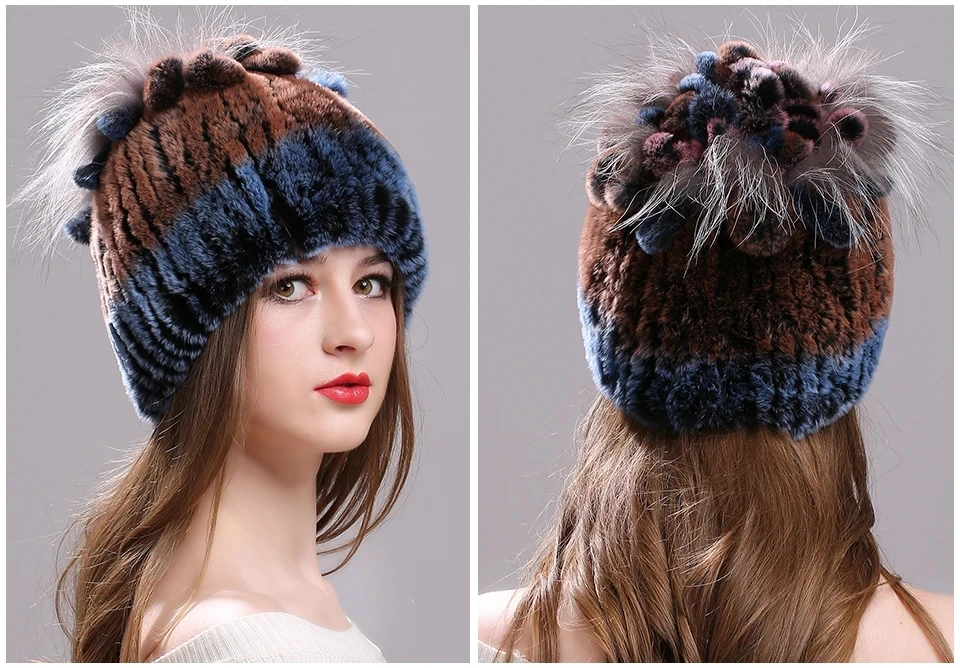 Strickmütze für Damen, 100 % echte Rex-Kaninchenfellmütze mit Blumen, Oberteile, warme, hochwertige Beanie-Damenmütze aus echtem Pelz für den Winter – Detail 9