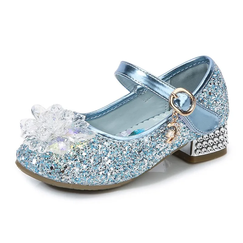 Frozen Elsa Princess Girls Leather Crystal Shoes Glitter Casual High Heels Girls Sandals Pink Blue Silver Elsa Shoes