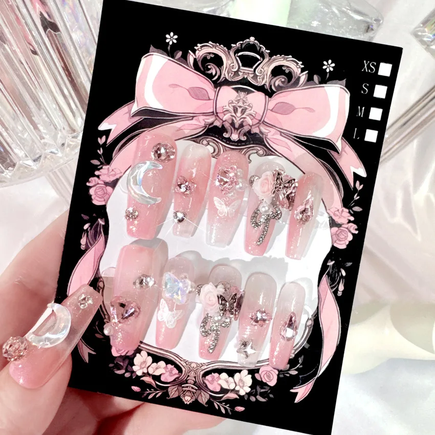 

10pcs Handmade False Nails Shiny Pink Crystal Design Fake Nails 3D BUtterfly Korean Sweet Ballet Press on Nails Tips Wearable