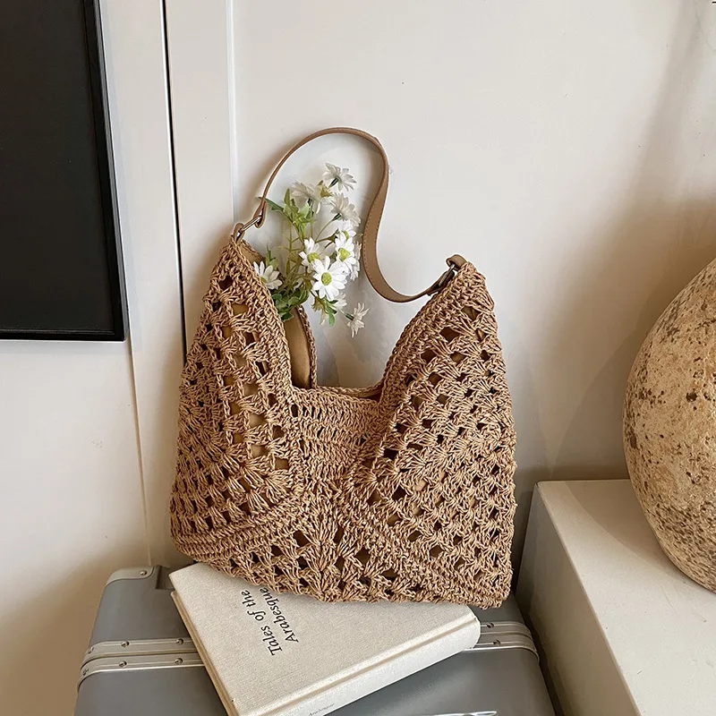 

New Trend Women's Bag Crochet Handbag Woven Bag Openwork Design Summer Beach Vacation Straw Bag Versatile Shoulder Tote Bag