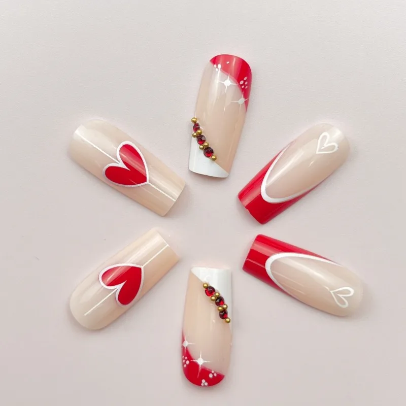 Uñas postizas con forma de corazón rojo para niñas, uñas postizas largas y cuadradas de San Valentín, con dijes, 24 piezas