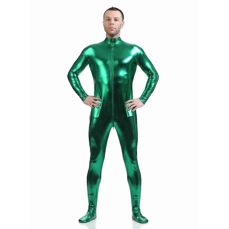 Metálico brilhante Zentai corpo inteiro terno para homens e mulheres, calças justas de látex, Halloween Carnival Party, Kid Adulto, macacão com zíper frontal, traje