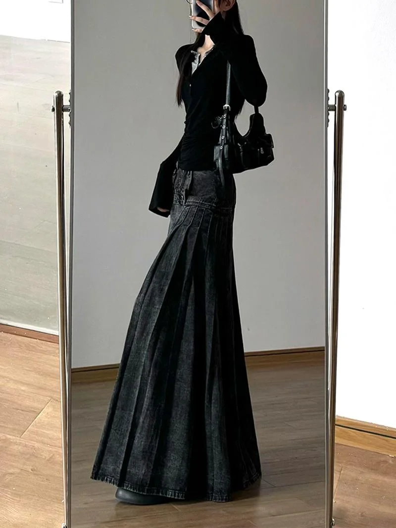 American Y2K Millennium Hot Girl Wide Hem Denim Skirt Women's Summer Vintage Design Versatile Workwear Long Skirt