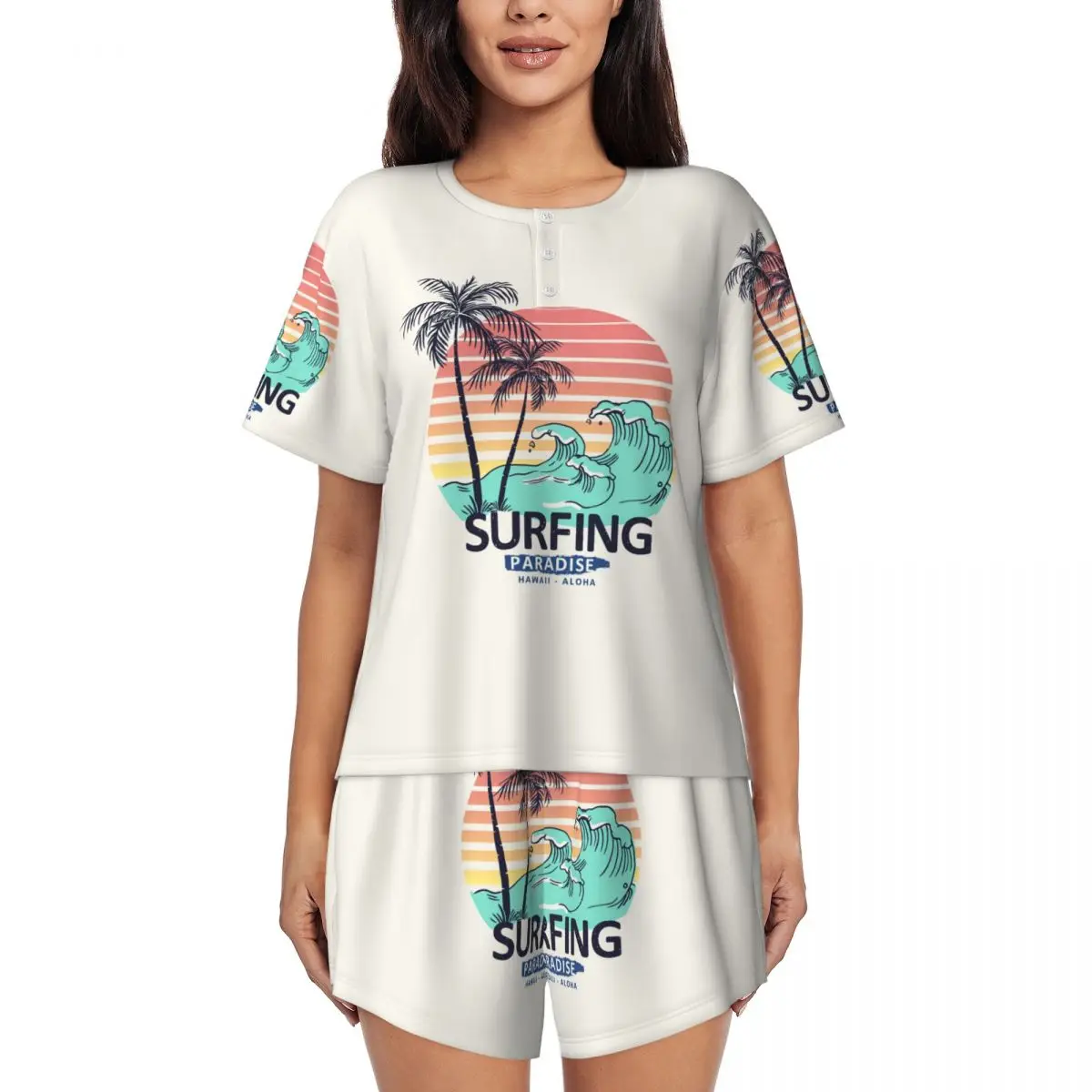 

Custom Summer Surfing Pajamas Set Womens 2-Piece Short Sleeve Beach Seaside Surfer Sleepwear Loungewear PJS Shorts Sets