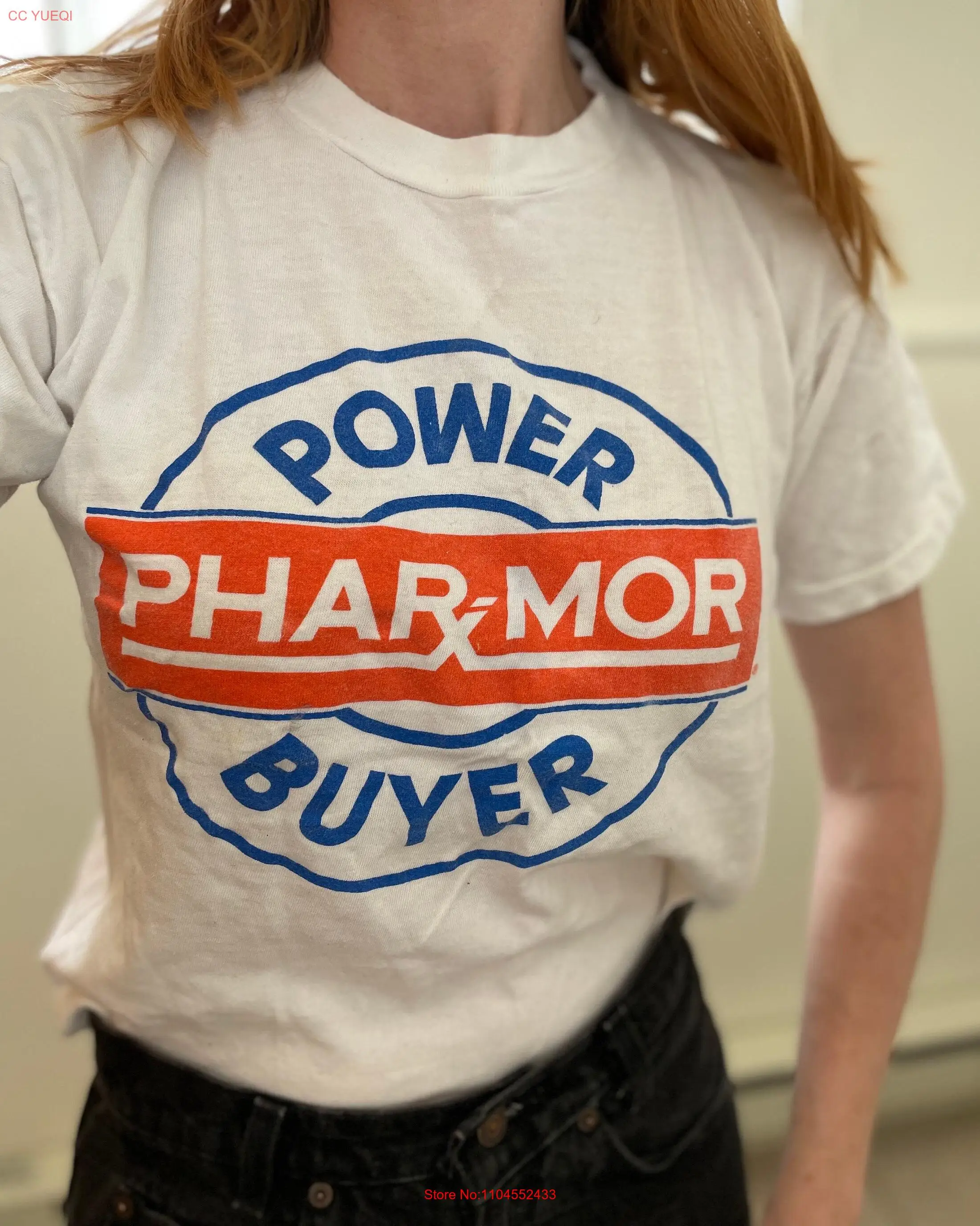 vtg 80s POWER BUYER PHARMACY T Shirt vintage circle logo retro water print screen mom pop bodega soda fountain funny ironic