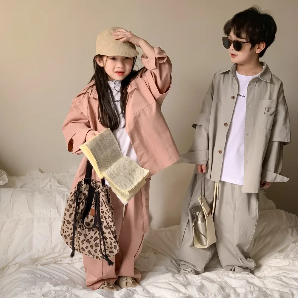 

Children Clothing Set 2024 Spring Korean New Fashionable Boys and Girls Loose Solid Color Simple Three-piece Set