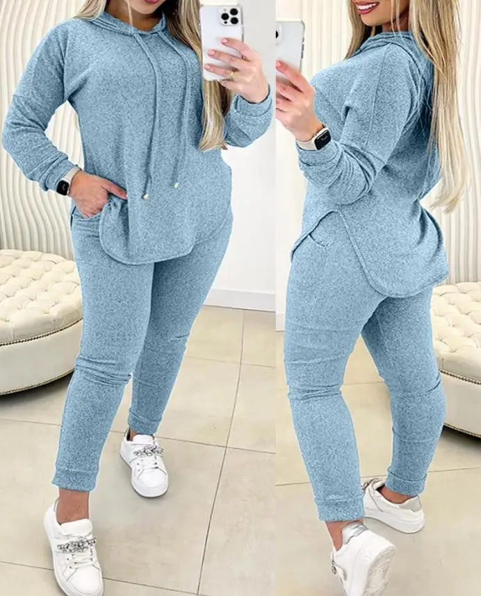 Setelan Musim Gugur Ukuran Besar Wanita Warna Solid 2-Potong dengan Sweatshirt Berkerudung Lengan Panjang Berpotongan Asimetris dan Celana Pensil Ketat