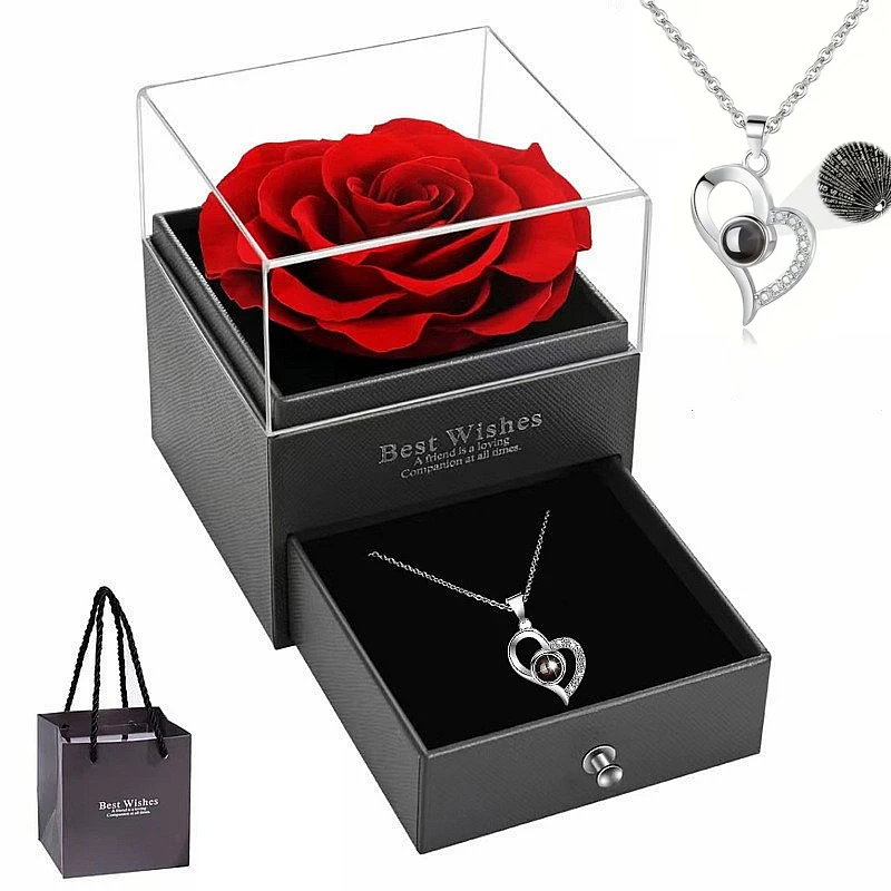 Heart-Shaped Red Rose Necklace with Gift Box - Valentine's Day, Anniversary, Birthday, Mother's Day Gift for Women, Mom, Wife