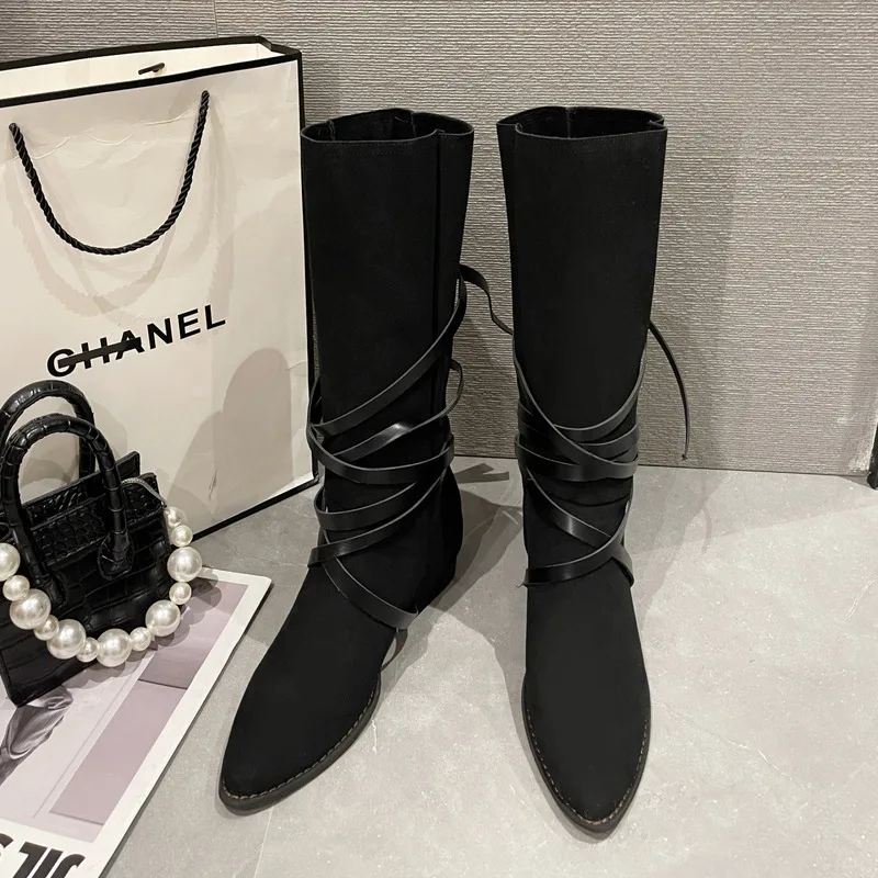 Knight Women's Winter High Thigh Boots Female 2024 Western Cowboy Pointed Suede Coarse Heel Strap Over Knee Tall Women Shoes