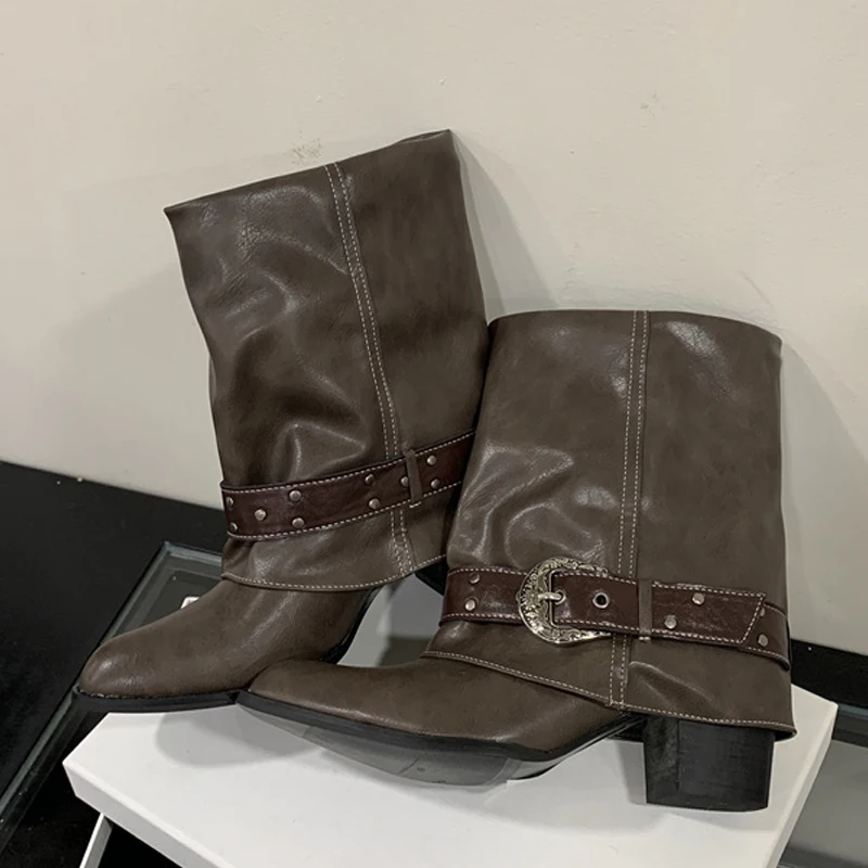 

Eilyken Autumn Winter Vintage Fashion Design Belt Buckle Splicing Women Ankle Boots Pointed Toe Square Heels Shoes