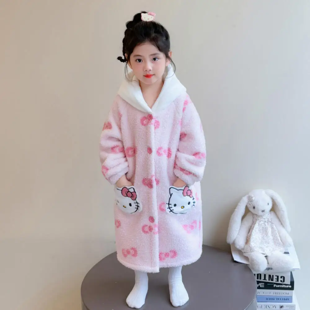 

Sanrio Hello Kitty Girls' Flannel Nightgown Autumn and Winter Princess Coral Fleece Bathrobe Children's Winter Home Clothing