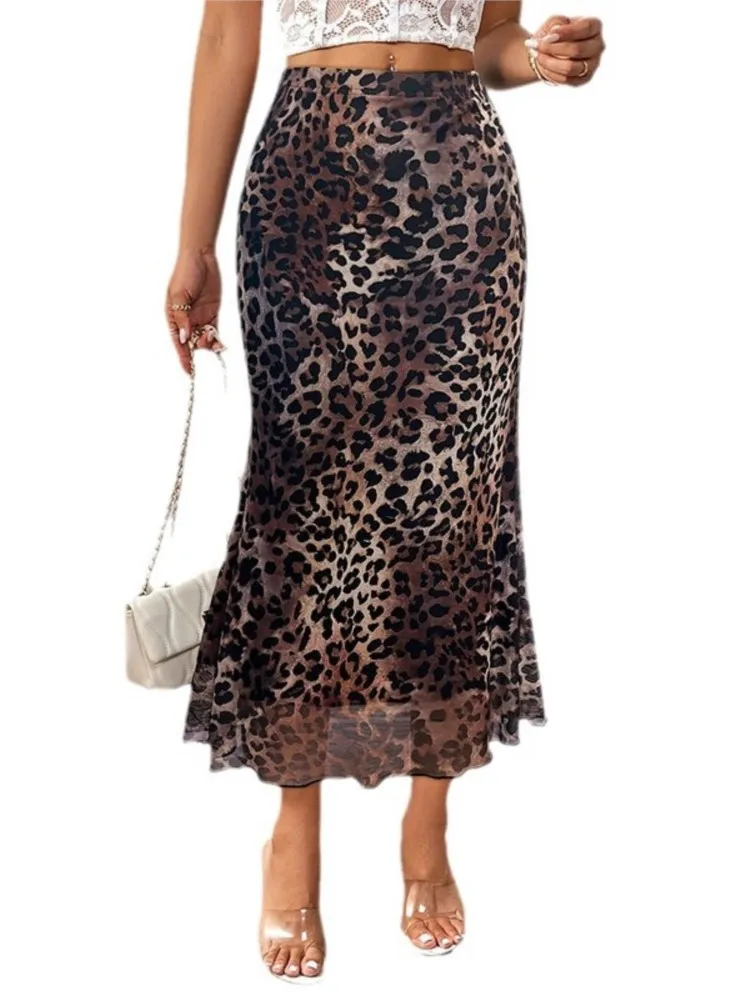 Summer Women's Half Skirt Classic High Waisted Office Female Loose A-line Skirt Fashion Elegant Leopard Print Ladies Long Skirt