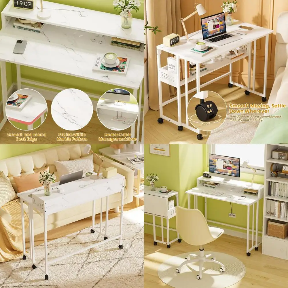 

Белый мраморный складной столик с полкой для хранения, мобильный придиванный столик для домашнего офиса и небольших помещений