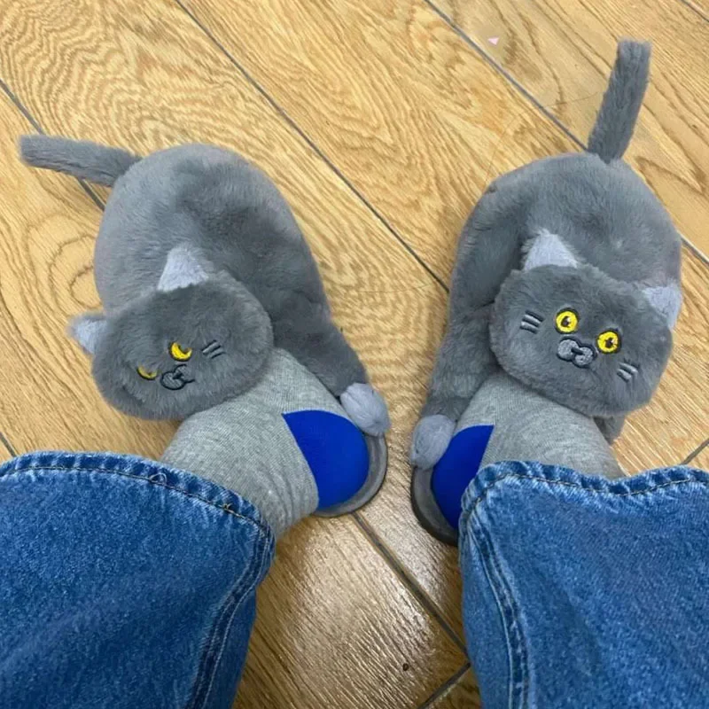 

Blue Cat Cotton Slippers Jerk Cat Sense Semi-Packed Heel Cotton Shoes Plush Home Cute Warm Show Heel Simulation Cat Slippers