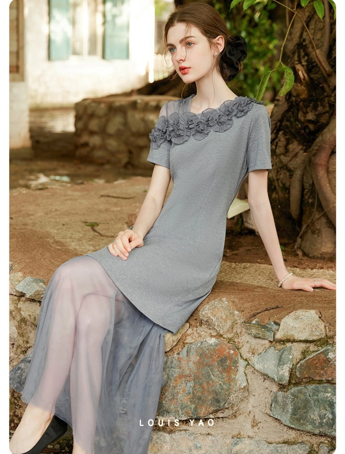 

LOUIS YAO Women's Dresses 2026 Summer 3D Floral Silver Sprinkled Fabric Spliced Lace Trim Wrap Skirt Outfit Two-Piece Set