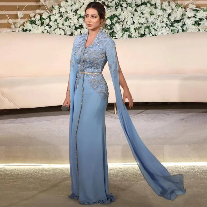 

Classy Light Blue Mother of the Bride Dresses V Neck Sheath Muslim Wedding Guest Gowns Elegant Arabic Dubai Formal Dress