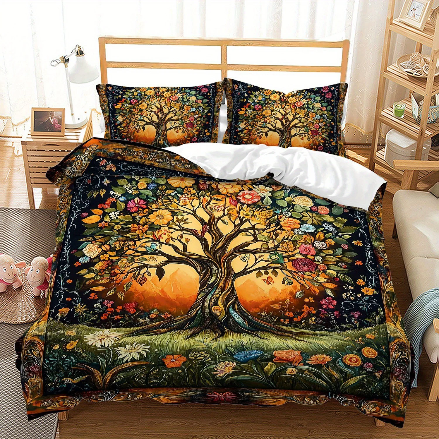 2026 3pcs Bohemian Floral Tree of Life Bedding Duvet Cover Set Tree of Life Bedding Quilt Set Floral Themed Bed Quilt Set Vintag